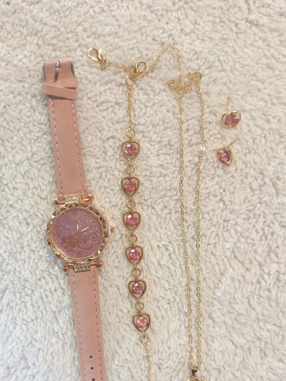 Jewelry Set 5 Pieces: Watch with Glitter, Necklace, Bracelet, Ring and Pink Earr - Picture 8 of 9